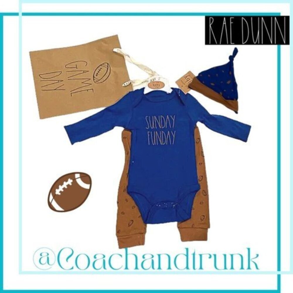 RAE DUNN 4PC 6-9 MO Sunday Funday Football Onesie PJ Bottoms Hat Gift Bag NWT